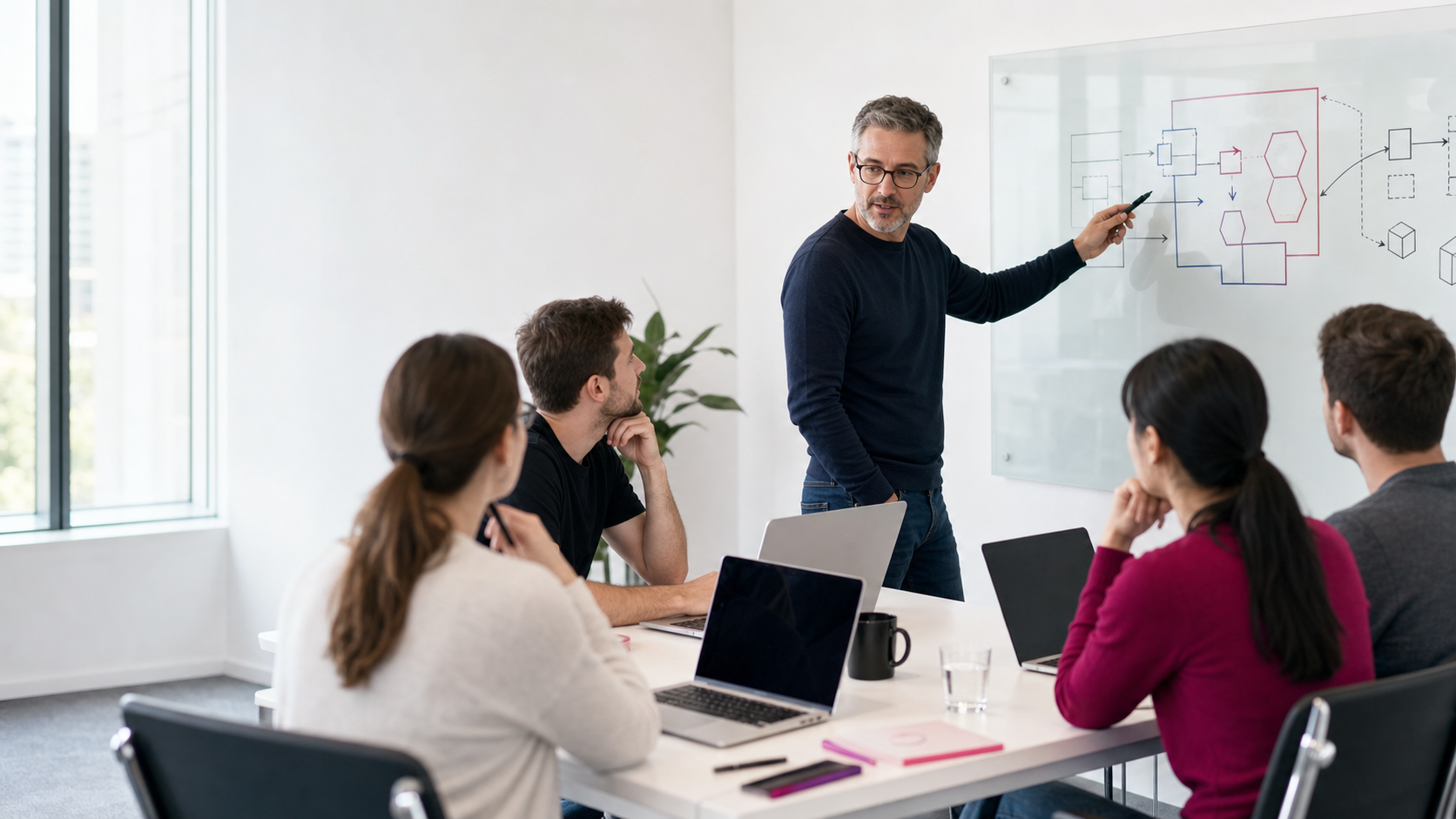 Seniorní konzultant vede praktický workshop frontend architektury u týmu vývojářů